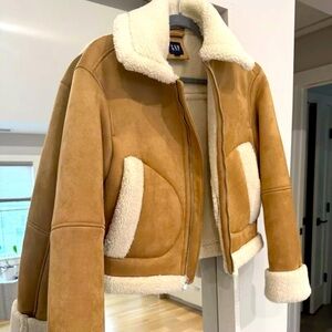 Gap Shearling Classic Sherpa Fleece Beige Tan Zip Moto Jacket size XS